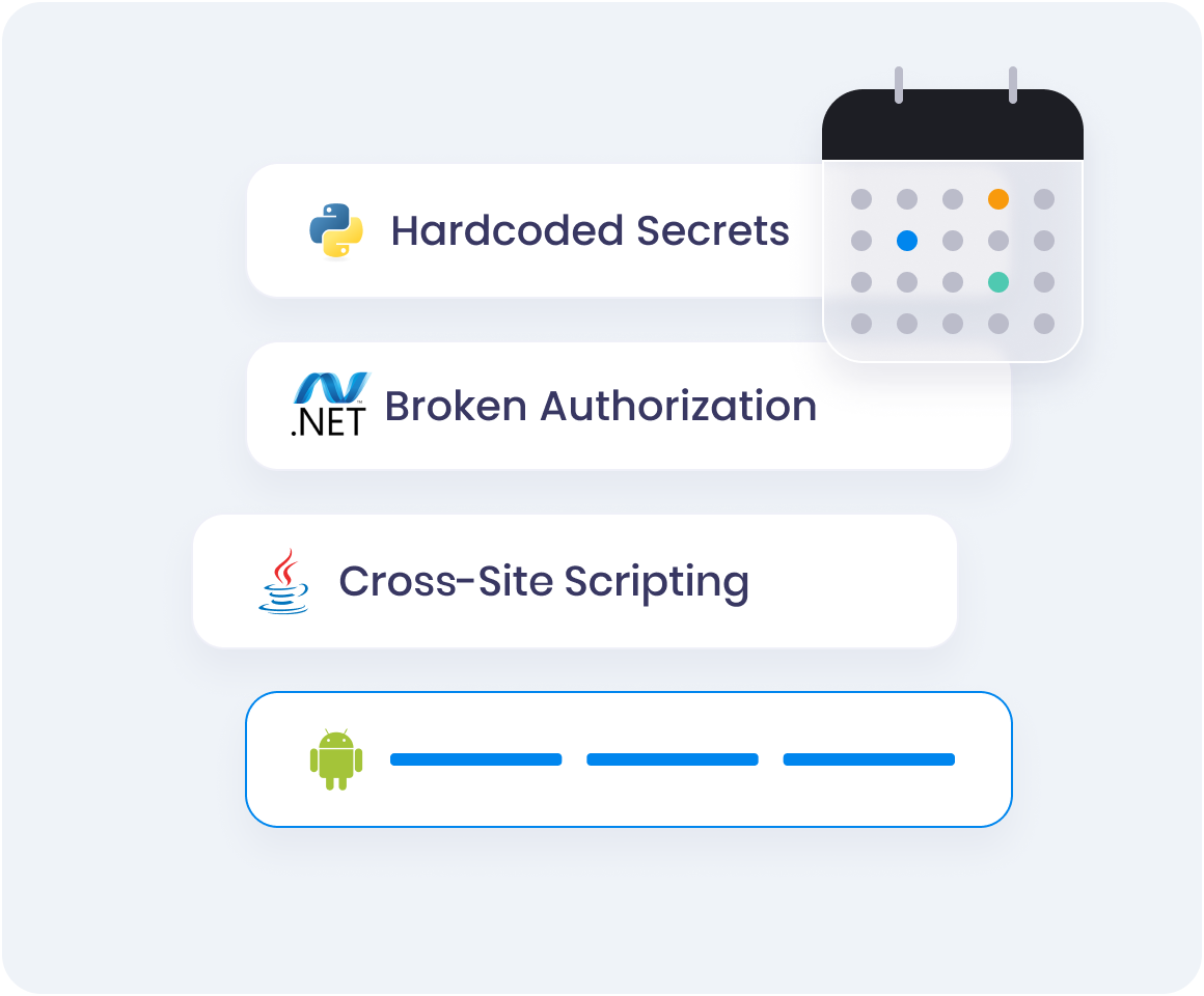 Create training plans across a range of topics such as Hardcoded Secrets, Broken Authorization, Cross-Site Scripting, Android, and many more.