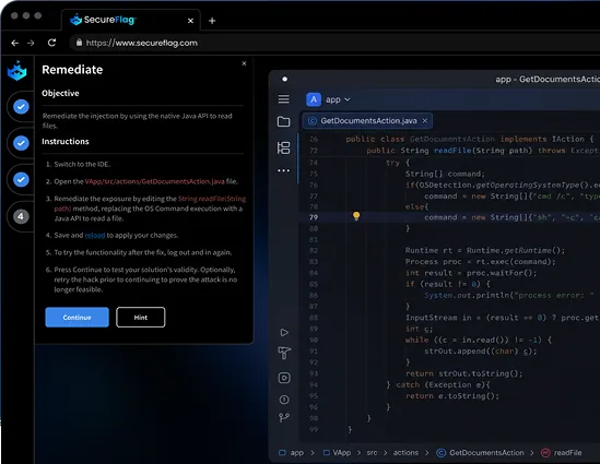 SecureFlag secure coding training platform dashboard